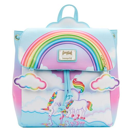 Pink and light blue backpack featuring Lisa Frank's unicorns, Markie and Celeste as they drink from a reflective pool of water with a rainbow above them.